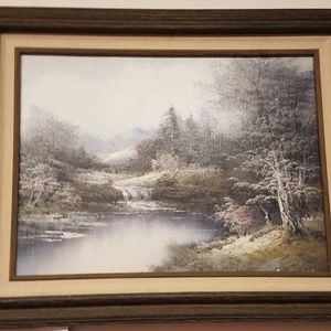 Wintertime River landscape painting Signed alman